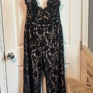 Black Lace Floral V-Neck Jumpsuit with Nude Underlayer